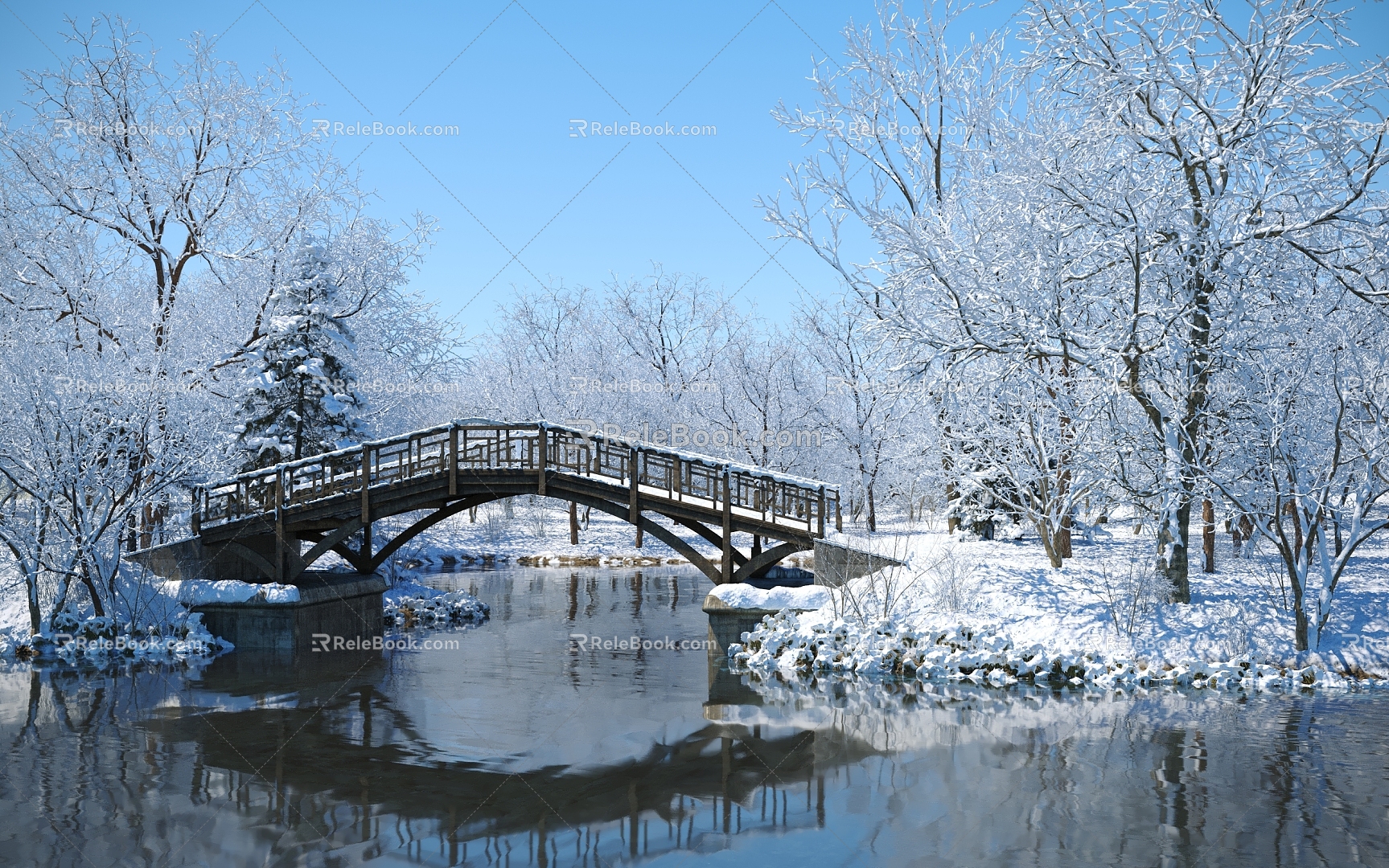 Modern Snow Landscape Snow Tree Shrub River Bridge 3d model