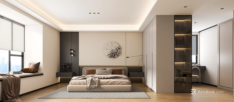 Modern Bedroom Interior Design With Comfortable Bed Circular Decorative Wall Art And Wooden Flooring 3d model 