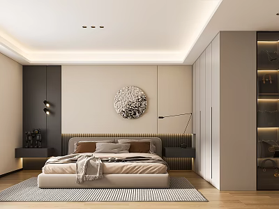 Modern Bedroom Interior Design With Comfortable Bed Circular Decorative Wall Art And Wooden Flooring 3d model