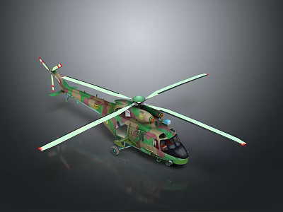 Detailed Camouflage Painted Military Helicopter With Extended Rotors On Gray Background 3d model