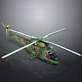 Detailed Camouflage Painted Military Helicopter With Extended Rotors On Gray Background