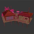 Wooden Stilt Building With Roofed Structure Platform Palm Trees Hammock And Furniture