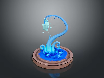 Blue Curved Decorative Plant Sculpture Featuring Brown Base and Luminous Fragments 3d model