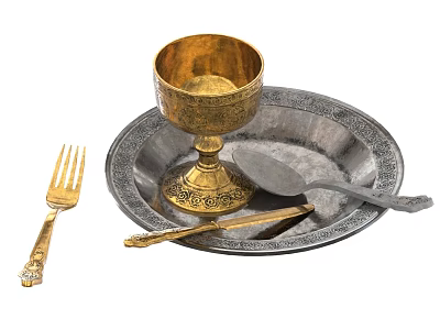 Vintage Ornate Dinnerware Set With Brass Goblet Silver Decorative Plate Fork Spoon And Knife 3d model