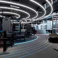 Modern Fitness Gym With Circular Neon Lights Workout Equipment And Mirror Walls
