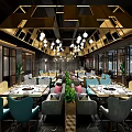 Elegant Restaurant Interior With Wooden Ceiling Green Plant Decor And Colorful Furniture