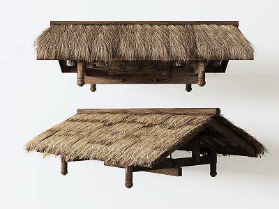 Vibrant Flowers And Fresh Plants Around Traditional Thatched Roof Garden Shelter 3d model