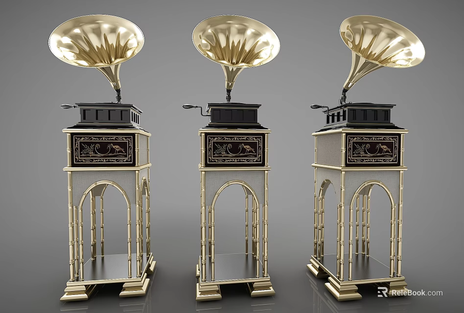 Three Golden Vintage Phonographs With Decorative Bases And Horn Speakers 3d model 
