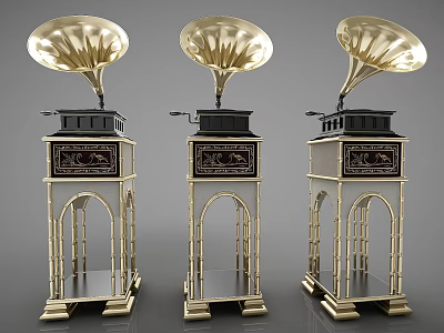 Three Golden Vintage Phonographs With Decorative Bases And Horn Speakers 3d model