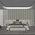 Modern Bedroom Interior With Green Striped Accent Wall Bed With Pillows Bedside Tables And Lamps