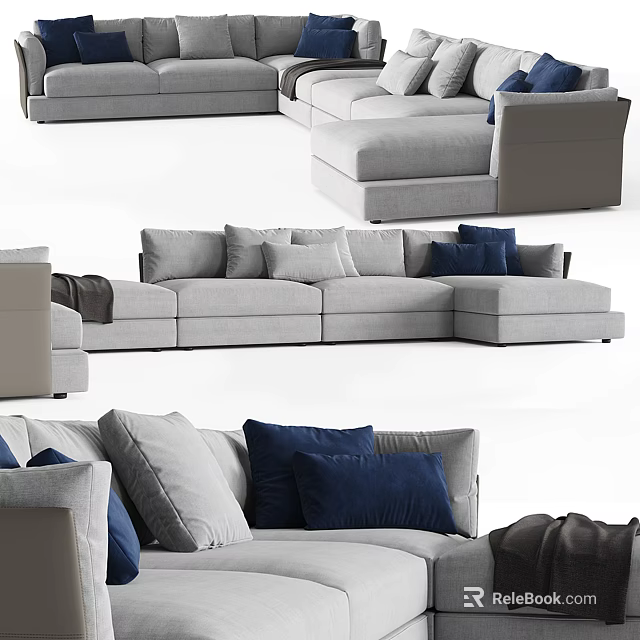 Modern Gray Sectional Sofa With Blue Pillows And L Shaped Design 3d model