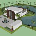Modern Detached Villa Exterior With Large Windows Balcony Palm Trees And Green Lawn