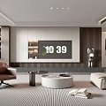Modern Living Room Interior With TV Wall Shelves Brown Chair Light Sofa And Coffee Table