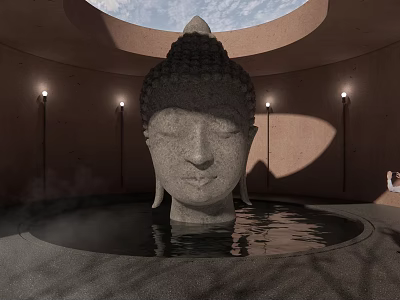 Buddhist Sacred Space Featuring Submerged Buddha Head in Circular Sanctuary With Skylight And Illuminated Lamps 3d model