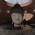 Buddhist Sacred Space Featuring Submerged Buddha Head in Circular Sanctuary With Skylight And Illuminated Lamps