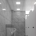 Public Restroom Interior With Gray Marble Tile Walls Large Mirror Black Countertop And Double Sinks