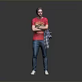 Man In Red T-Shirt Arms Crossed Holding Plaid Shirt Blue Jeans White Shoes Grey Background