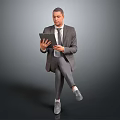 Business man in suit sitting cross-legged using tablet against plain gray background 3d model
