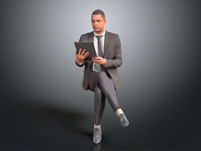 Business man in suit sitting cross-legged using tablet against plain gray background 3d model