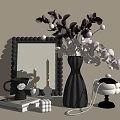 Stylish Decorative Ornament Set With Black Vase Purple Pink Flowers Mirror Candles Teapot And Book
