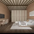 Hotel Room Interior Featuring Wooden Walls Ceiling Canopy Bed TV And Area Rug