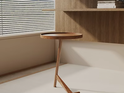 Wooden Round Top Side Table With Cross Legs Near Window Blinds And Shelf With Books 3d model