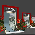 Floral Art Display with Landscape Scroll Painting Red Floral Arrangements in Red Frames with LOGO