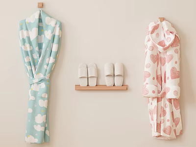 Cozy Bathrobes Light Blue Cloud and Pink Heart Prints With White Slippers on Wooden Shelf 3d model