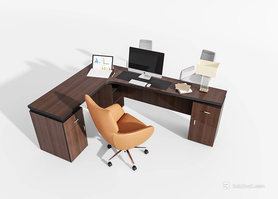 L shaped Wooden Office Desk With Computer Monitor Laptop Lamp And Orange Chair 3d model 