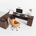 L shaped Wooden Office Desk With Computer Monitor Laptop Lamp And Orange Chair