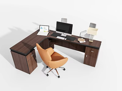L shaped Wooden Office Desk With Computer Monitor Laptop Lamp And Orange Chair 3d model