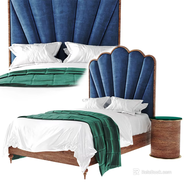 Double Bed With Shell Shaped Blue Velvet Headboard White Sheets Green Throw Woven Side Table 3d model