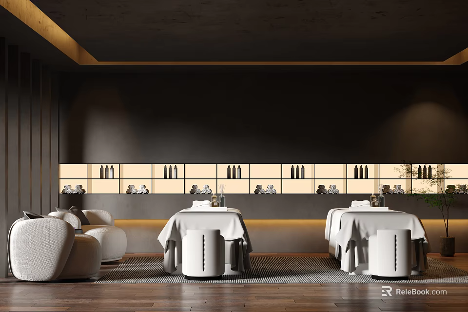 Modern SPA Sauna Interior With White Furniture Dark Walls Ambient Lighting And Wooden Floors 3d model 