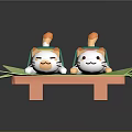 Cartoon Cat Dolls In Different Colored Clothes Lying On Green Leaves Over Orange Small Table