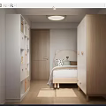 Cozy Kids Room Interior With Cute Animal Ear Headboard White Bookshelf And Wooden Wardrobe