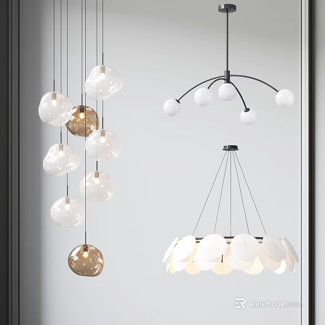 Modern Glass Ball And Petal Shaped Chandeliers With Metal Suspension Frames 3d model 