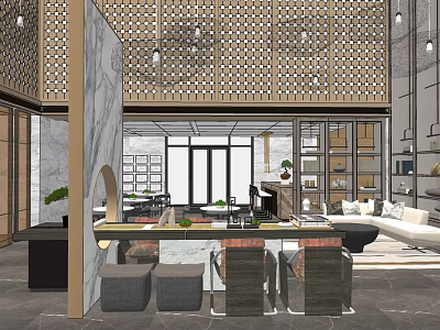 Modern Hotel Public Lounge Interior With Wooden Screen Marble Counter And Comfortable Sofas 3d model