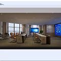 Modern Conference Room With Large Windows Long Conference Table Chairs Projector Screen And Green Plant