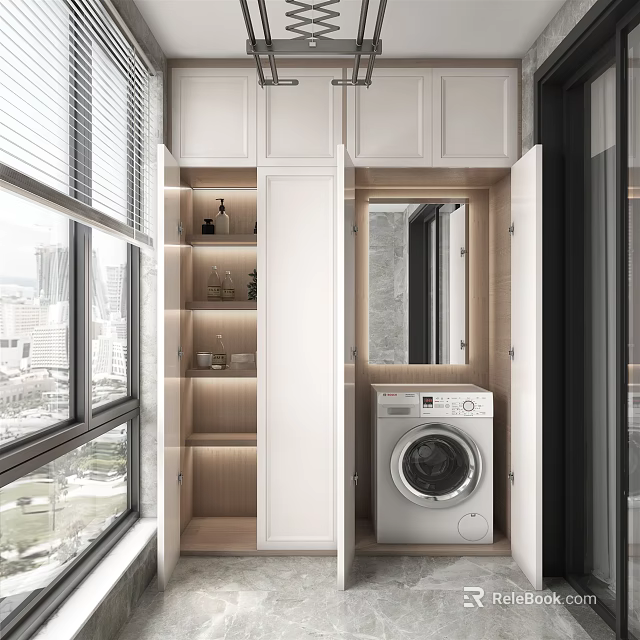 Modern Home Balcony With Washing Machine Storage Cabinets And City View Windows 3d model 
