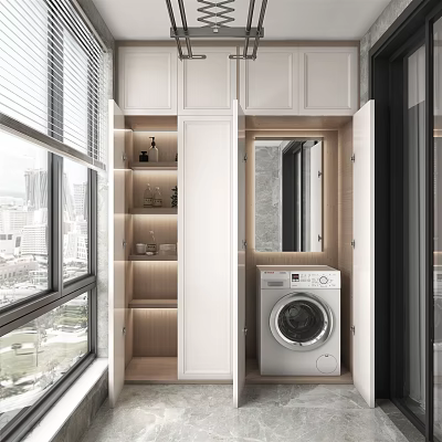 Modern Home Balcony With Washing Machine Storage Cabinets And City View Windows 3d model