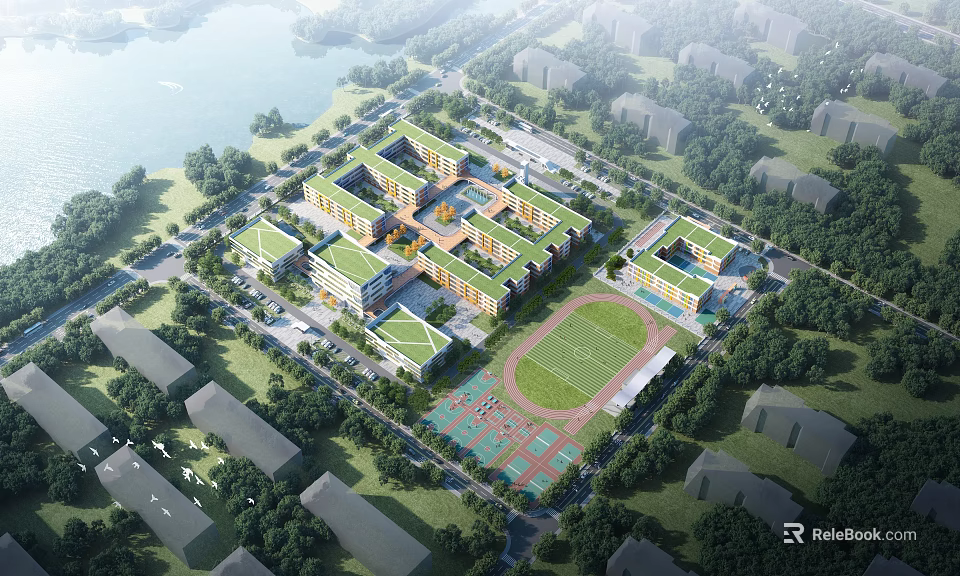 Modern School Campus Buildings With Green Roofs Football Field Running Track And Surrounding Trees 3d model 