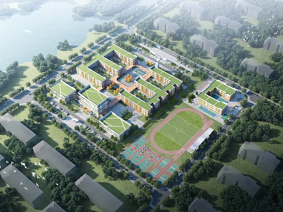 Modern School Campus Buildings With Green Roofs Football Field Running Track And Surrounding Trees 3d model