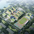 Modern School Campus Buildings With Green Roofs Football Field Running Track And Surrounding Trees