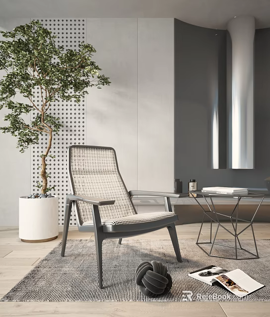 Modern Woven Accent Chair With Dark Frame Side Table And Green Plant In Living Room 3d model 
