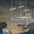 Wooden Ship With Tall Masts Near Ancient Stone Castle In Rainy Weather