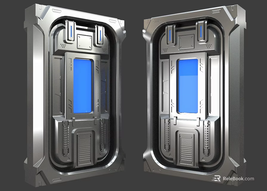 Futuristic Metal Doors With Blue Panels And Silver Frames In Sci Fi Style Design 3d model 
