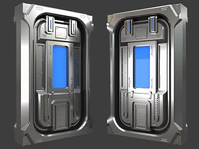 Futuristic Metal Doors With Blue Panels And Silver Frames In Sci Fi Style Design 3d model