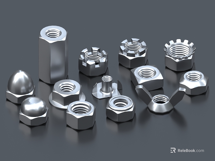 Industrial Hardware Tools Various Metal Nuts in Different Shapes and Sizes 3d model 