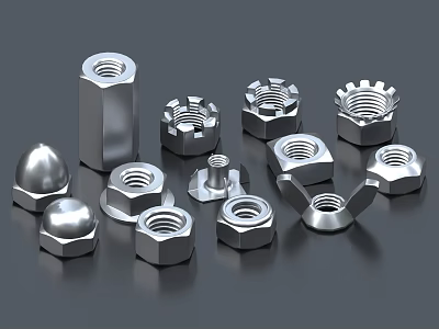 Industrial Hardware Tools Various Metal Nuts in Different Shapes and Sizes 3d model