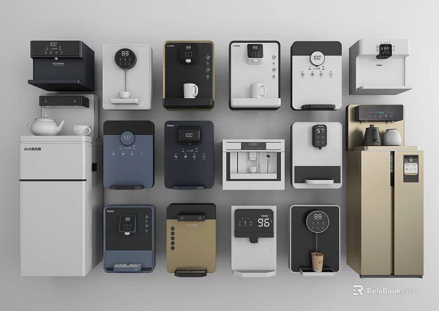 Modern Home Daily Use Appliances Collection With Coffee Makers Refrigerators And Dispensers 3d model 